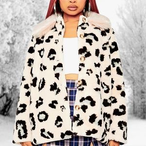Pink Leopard Print Faux Fur Coat